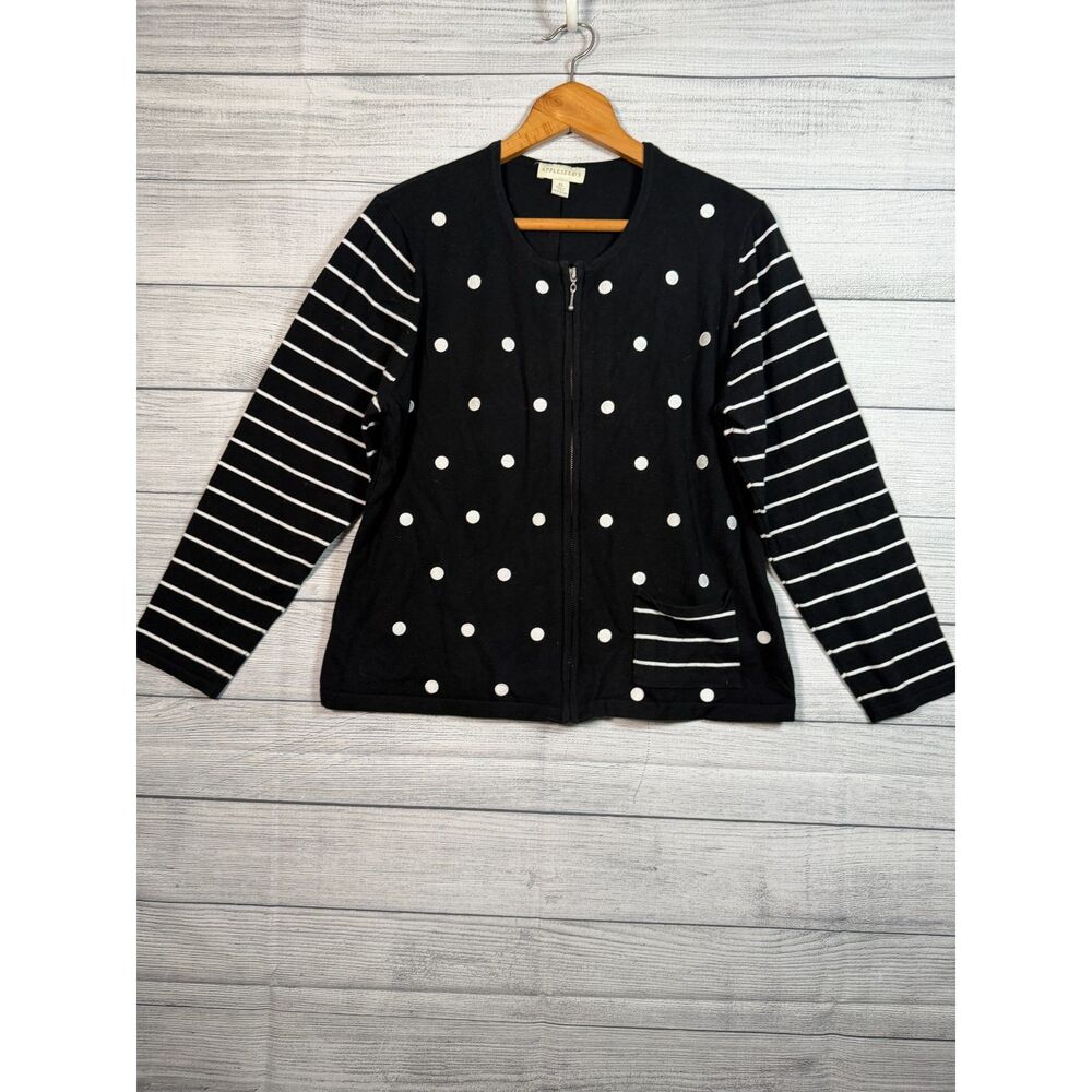 Appleseed's Women's XL Black White Polka Dot Stripe Zip Cardigan 4338